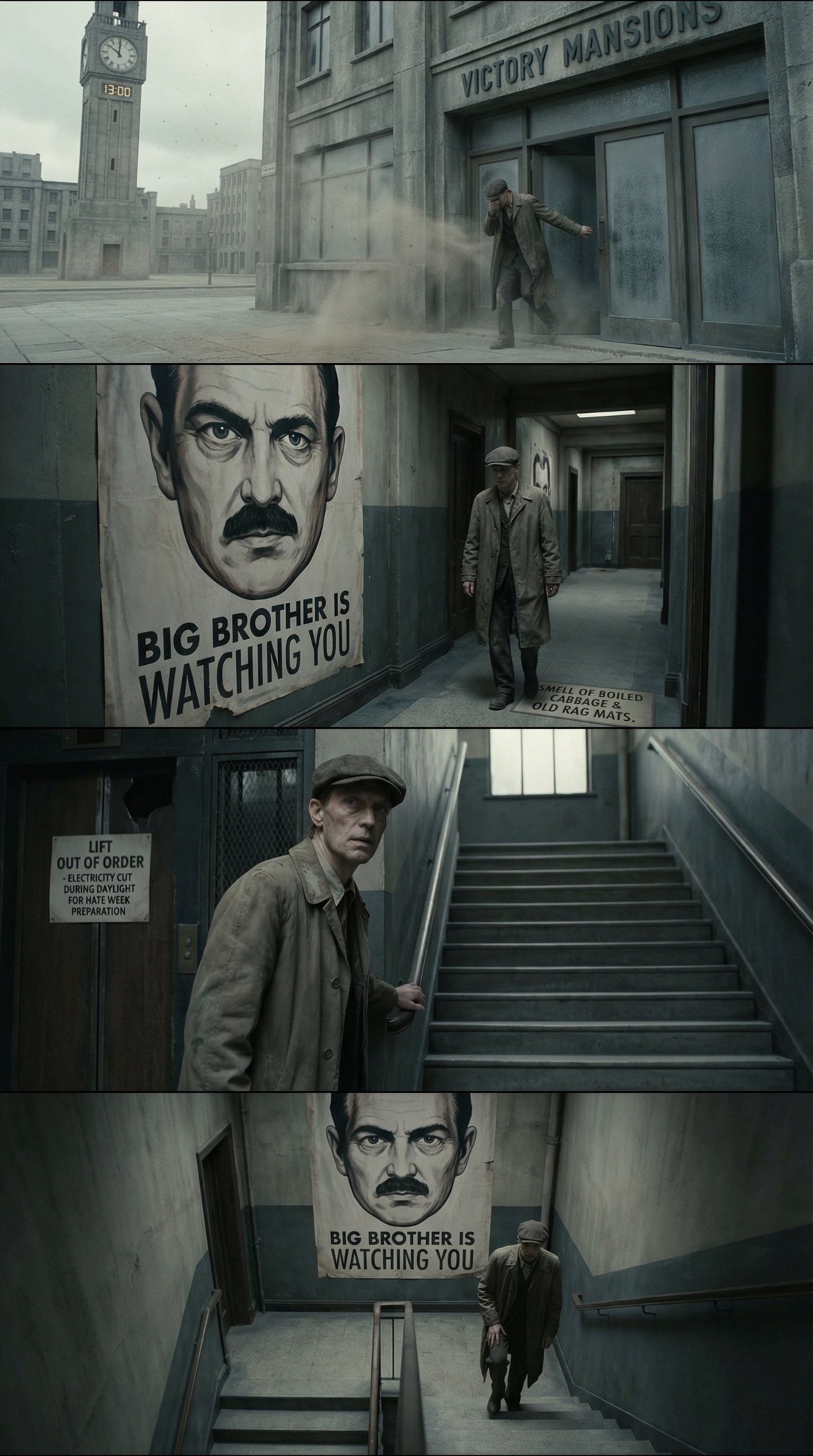 Create a cinematic, widescreen-panel storyboard covering the opening page of George Orwell’s 1984. Focus on translating the first-page text into clear, film-ready shots and sequencing.