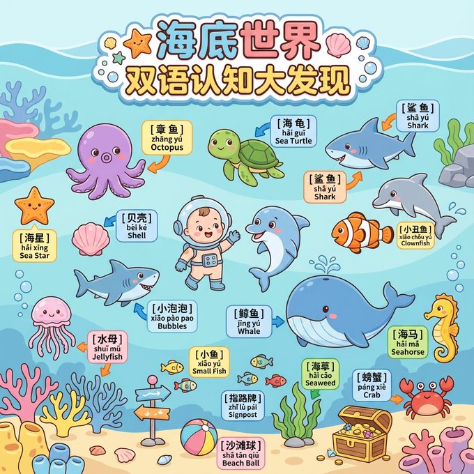 Create a publish-ready flat cute cartoon underwater world panoramic poster for ages 2–5, featuring clear Chinese + pinyin + English labels with neat arrows for easy early-learning recognition.