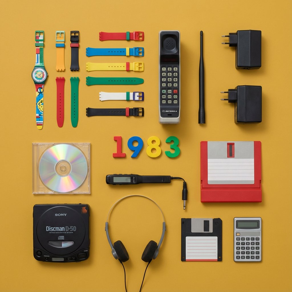 Create a Wes Anderson–symmetrical knolling flat lay that showcases 3–5 inventions from 1983 plus 5–7 related accessories on a contrasting matte background, lit with soft, shadowless overhead studio light.