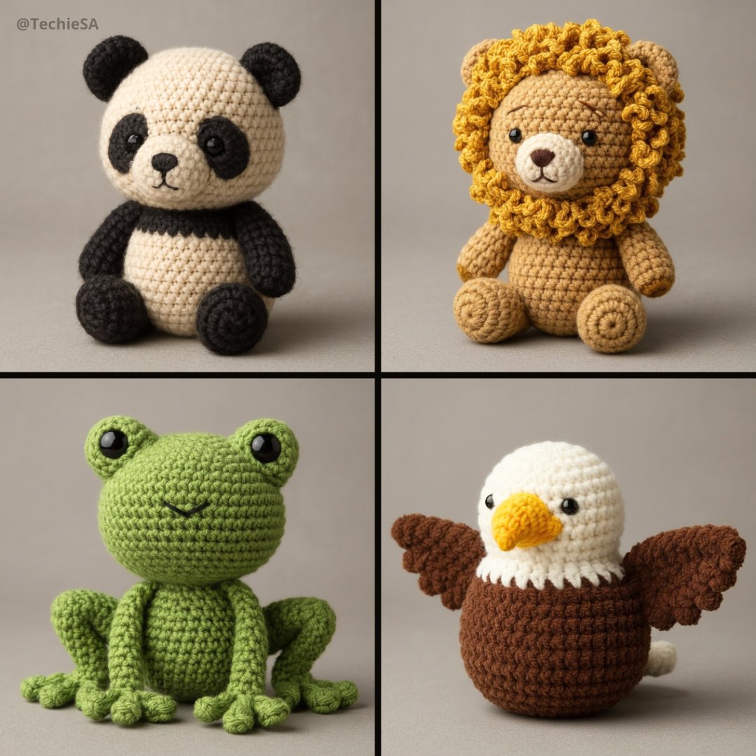 Create a highly detailed, photorealistic 3D poster featuring a handmade amigurumi-style crochet animal with visible yarn texture, stitching, and soft felted proportions in a neutral studio setup on a gray-toned background.