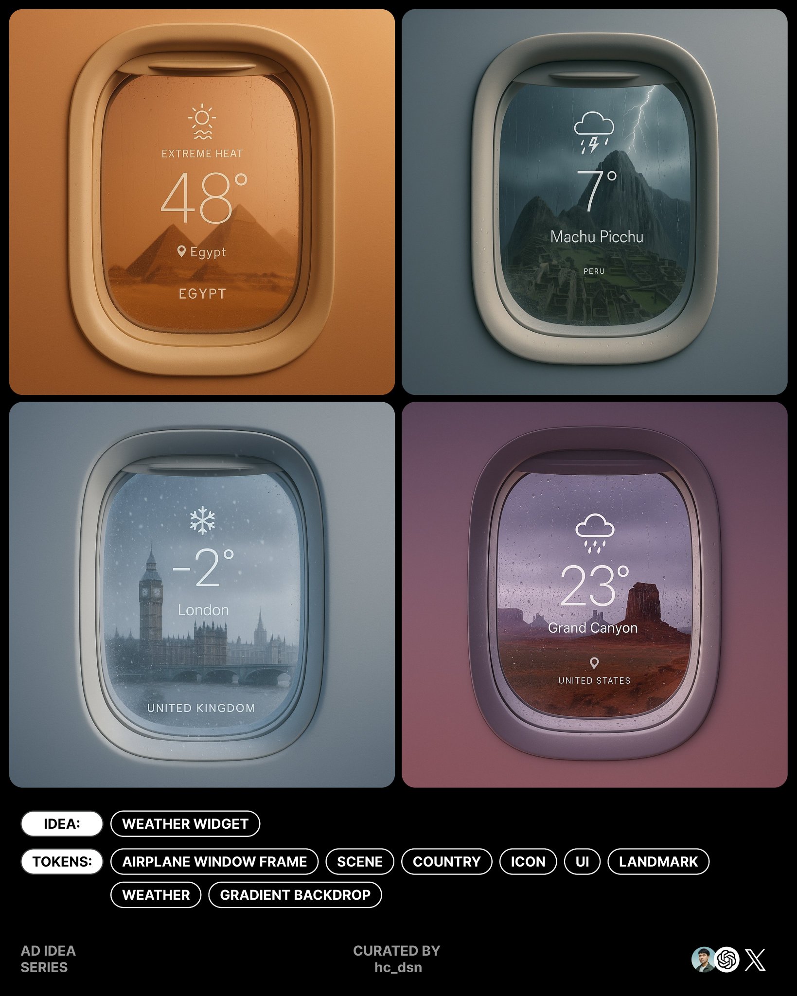 Generate a 1:1 surreal minimalist scene of an airplane window framing an iconic landmark view of a chosen country, with a centered weather UI overlay. Features extreme weather that affects the window, with natural lighting, soft shadows, subtle glass reflections, and a weather-resonant gradient backdrop.