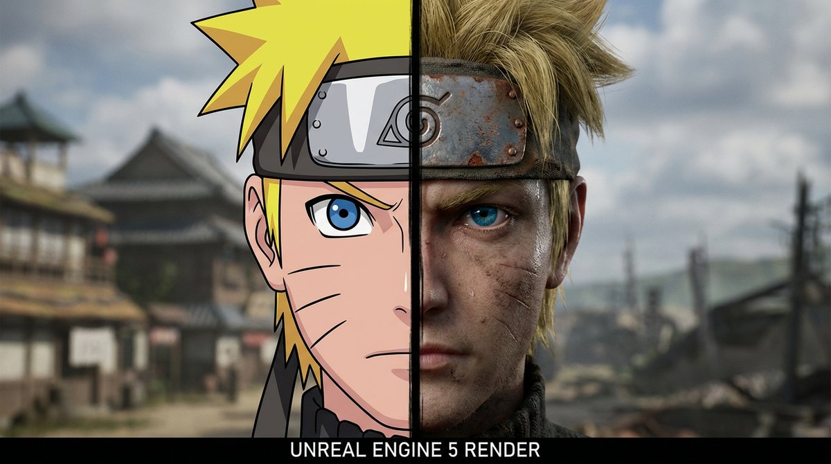 Create a cinematic 16:9 wide-shot centered headshot with the face vertically split into classic anime and gritty realism, separated by a distinct black line. Both halves align perfectly into a single unified character portrait rendered in Unreal Engine 5.