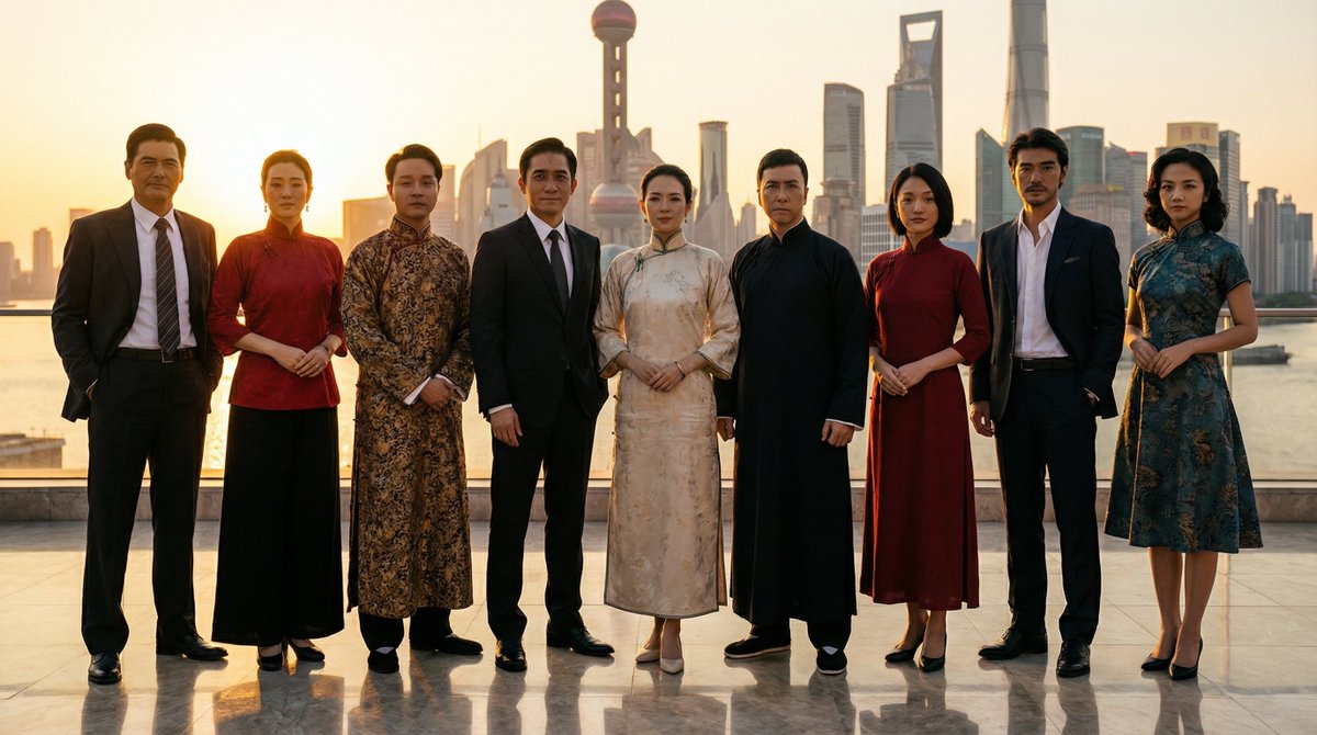 Create a cinematic, magazine-cover editorial group portrait of nine famous Chinese film and TV characters in their signature costumes on a luxury rooftop terrace overlooking a modern Shanghai/Hong Kong–style skyline at sunset.