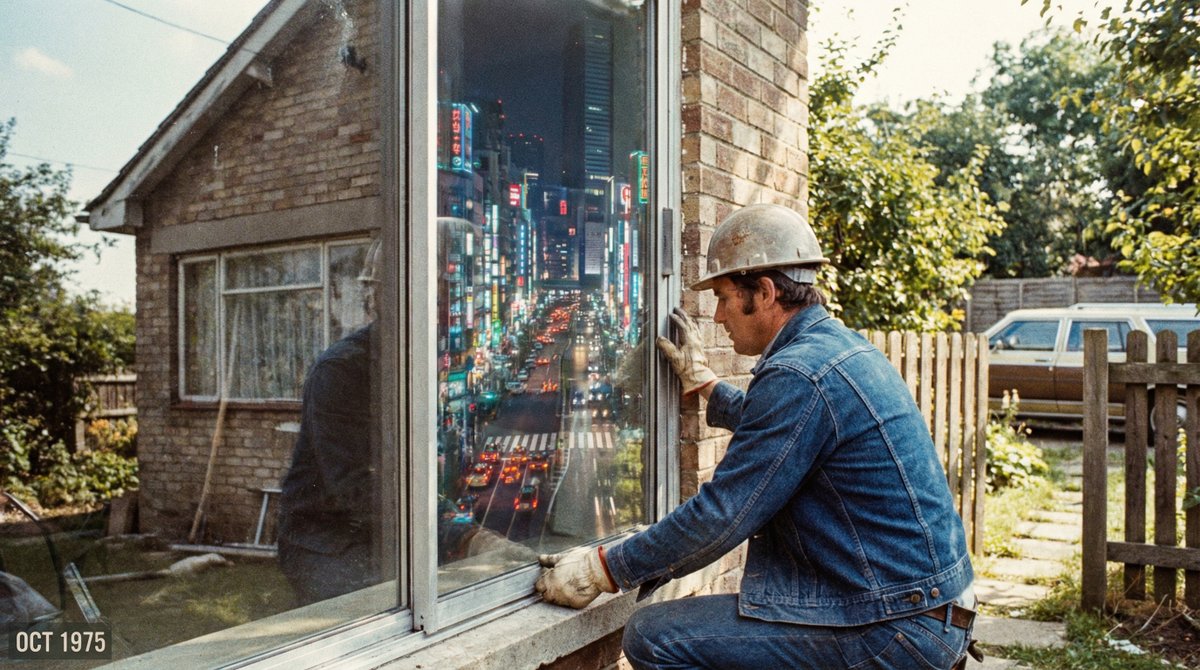 A grainy 35mm film photo set in 1975: a construction worker installs a huge window in a brick house, where the glass reveals a nighttime neon Tokyo skyline instead of the room beyond. The reflection still shows a sunny suburban garden, creating a subtle, unsettling visual anomaly.