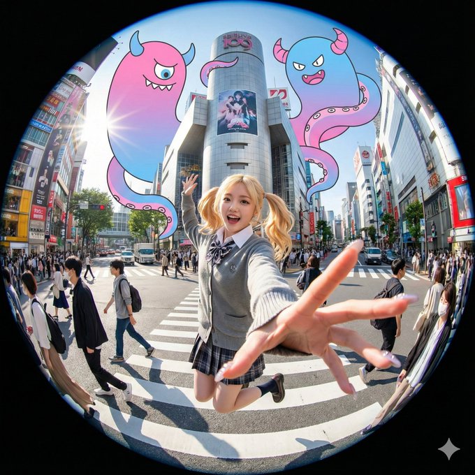An extreme fisheye photo at Shibuya Crossing captures a blonde twin-tailed schoolgirl leaping with excitement, one hand thrust dramatically toward the lens, with distorted city architecture, crowds, vehicles, and a huge pink-to-blue gradient cartoon monster hovering above.