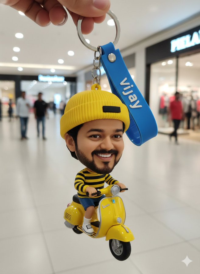 A premium, toy-like caricature keychain with an oversized joyful smile, riding a yellow scooter indoors in a mall-like setting. Shot as cinematic product photography with soft indoor lighting, shallow depth of field, and smooth high-detail plastic finish.