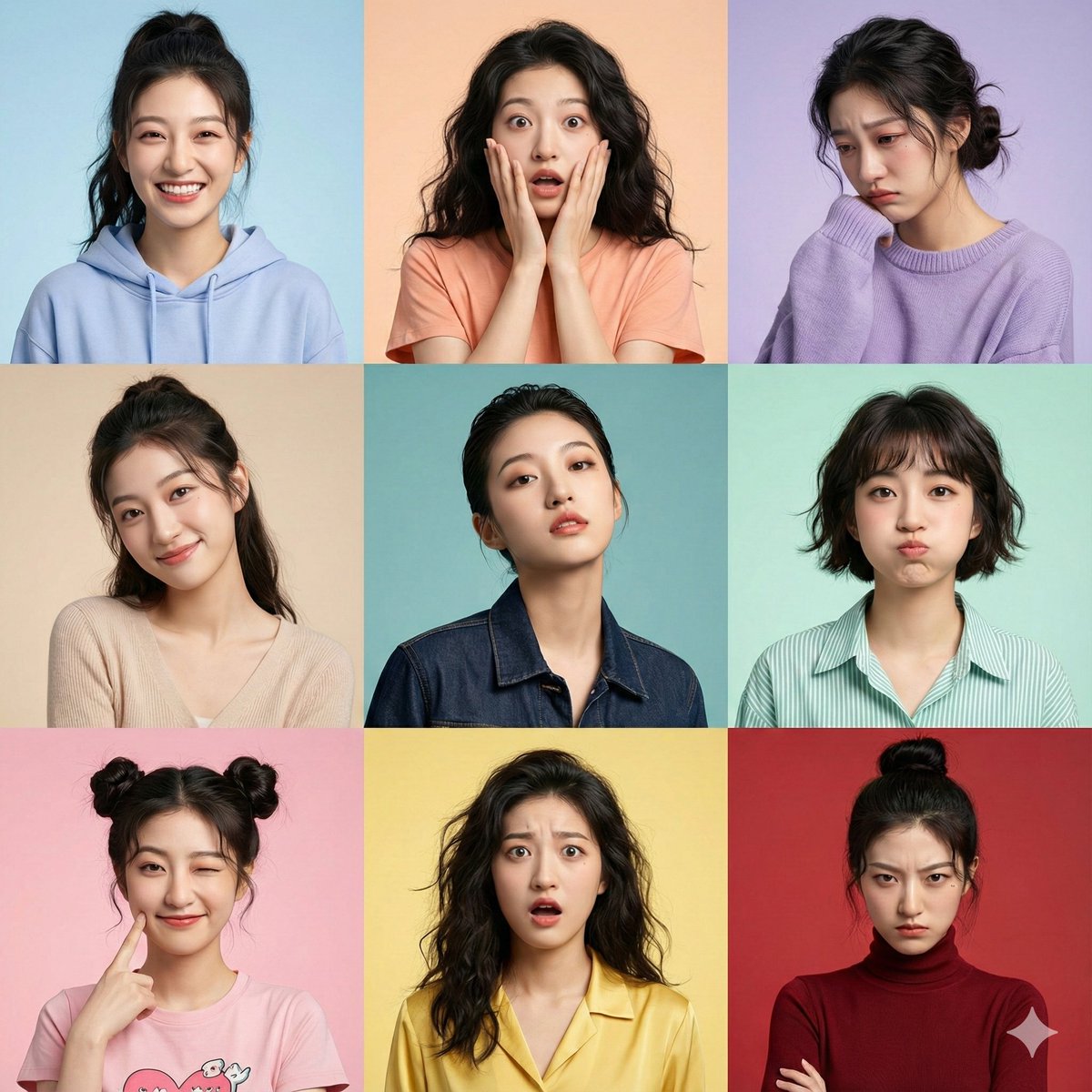 Create a photorealistic 3x3 grid collage portrait from an uploaded face reference, preserving the exact facial identity across all nine panels while showcasing distinct expressions, hairstyles, outfits, and studio backdrops.