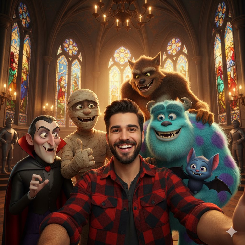 A warm, selfie-style portrait of a smiling young man in a red-and-black plaid shirt surrounded by iconic animated movie monsters, all posing together. Set inside a grand gothic hall with stained-glass windows and chandeliers for an inviting cinematic atmosphere.