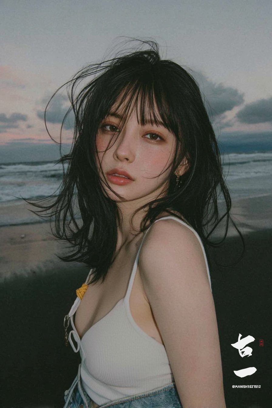 A soft, emotional cinematic film portrait of a young woman standing on the beach at dusk, with wind-tossed dark hair and a cool-toned, low-saturation palette. Featuring natural lighting, subtle grain, and a hazy atmosphere against dark ocean waves and a moody sunset sky.