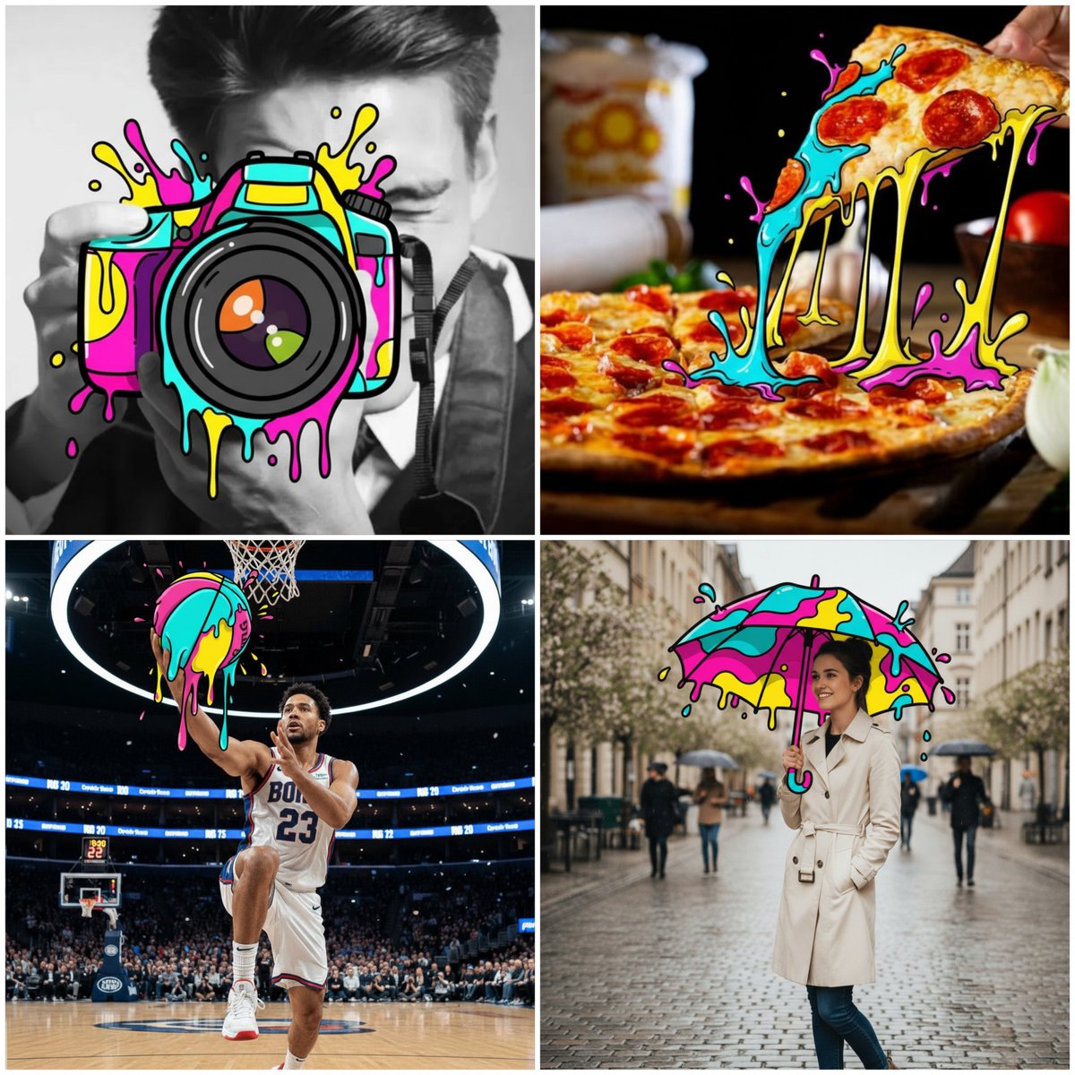 Convert a selected object in a user-uploaded photo into a vibrant, thick-outlined cartoon with downward dripping paint and splash effects, while keeping the rest of the image photorealistic and unchanged.