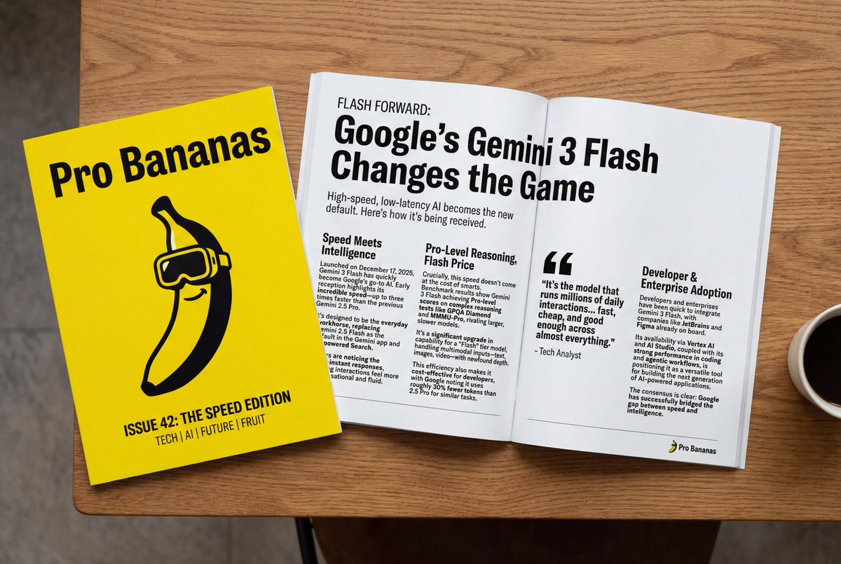 Create a realistic photo of a glossy magazine featuring a cover titled “Pro Bananas” and a two-page article spread about the reception of the Gemini 3 Flash launch, written with headings.