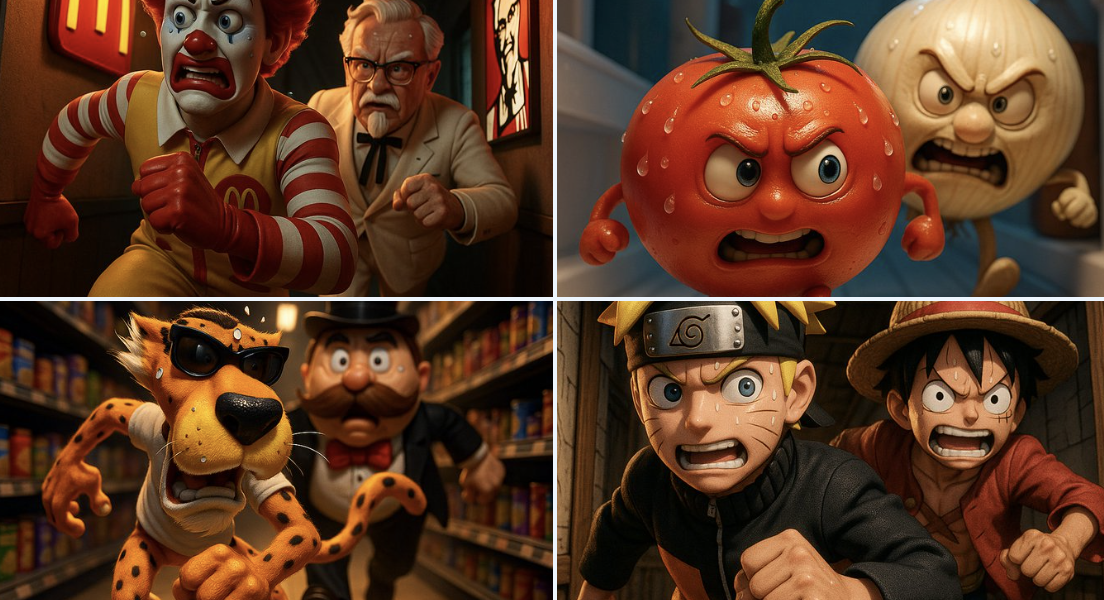 A thrilling 3D cartoon scene of a high-speed chase through a narrow corridor inside a place, featuring intense expressions, sweat, and dramatic lighting.