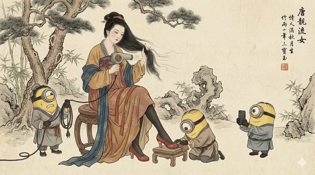 A traditional Gongbi-style Chinese ink and color painting on aged rice/Xuan paper featuring a Tang Dynasty noblewoman using a modern hairdryer while three Minions in servant robes assist her. The scene blends classical pines, bamboo, and Taihu rocks with humorous anachronistic details, plus calligraphy and a red chop seal (寶玉).