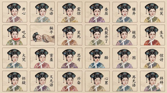 Create a 4K 16:9 sheet of 24 emoji-style portraits of the same classical Chinese beauty, rendered entirely as realistic Suzhou embroidery with glossy silk threads on near-white silk.