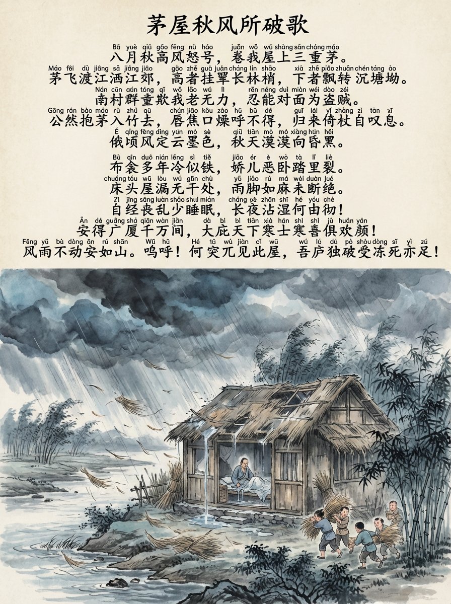 Create a 3:4 ink wash illustration depicting the scenes described in Du Fu’s poem, with the full poem written in calligraphy at the top and Hanyu pinyin annotated above every Chinese character.