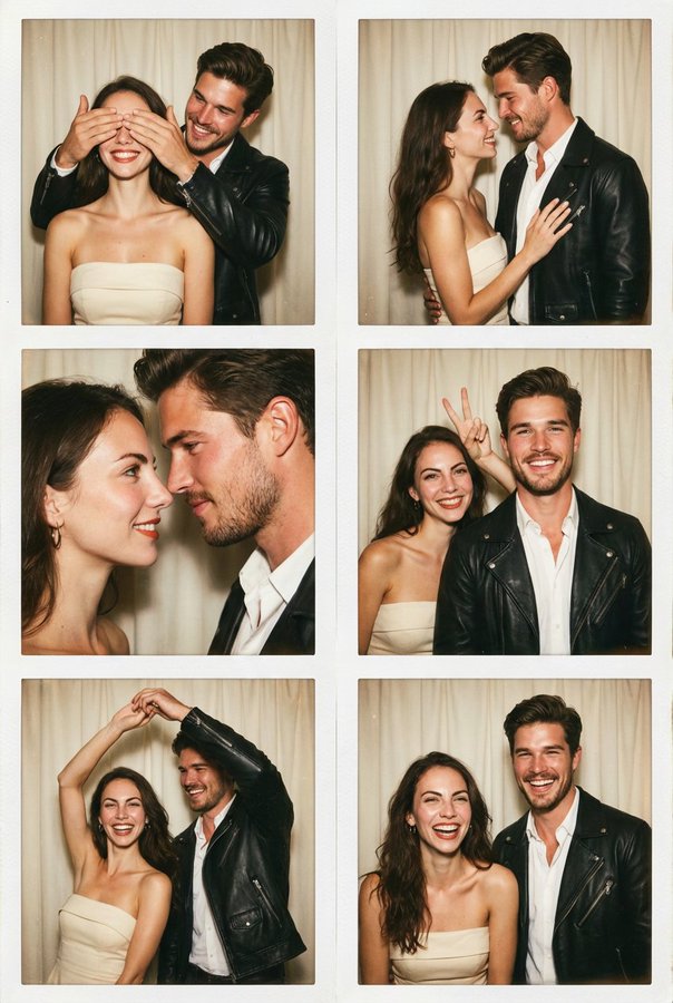 Create a high-realism vintage photo booth / Polaroid-style multi-frame collage featuring the same couple, using two uploaded images as exact face references. Warm, nostalgic analog aesthetics with playful, romantic candid poses in a cozy curtained booth.