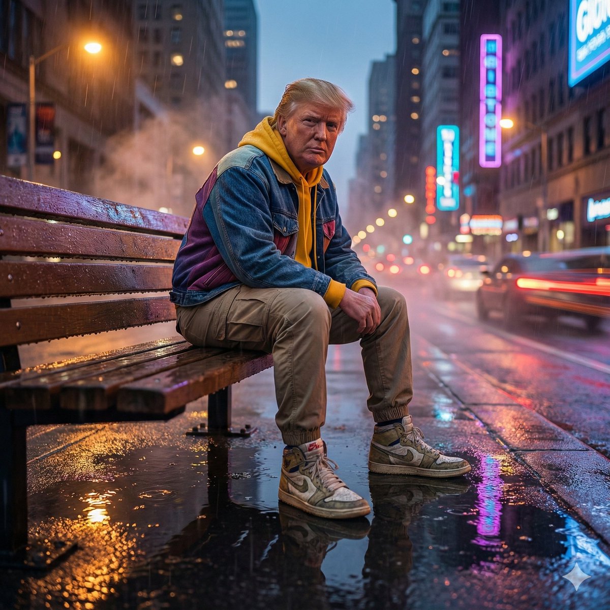 Generate a cinematic, photo-realistic image of the person from the uploaded image, sitting on a rain-wet flyover bench at dusk with neon city lights, mist, and car bokeh trails in the background.
