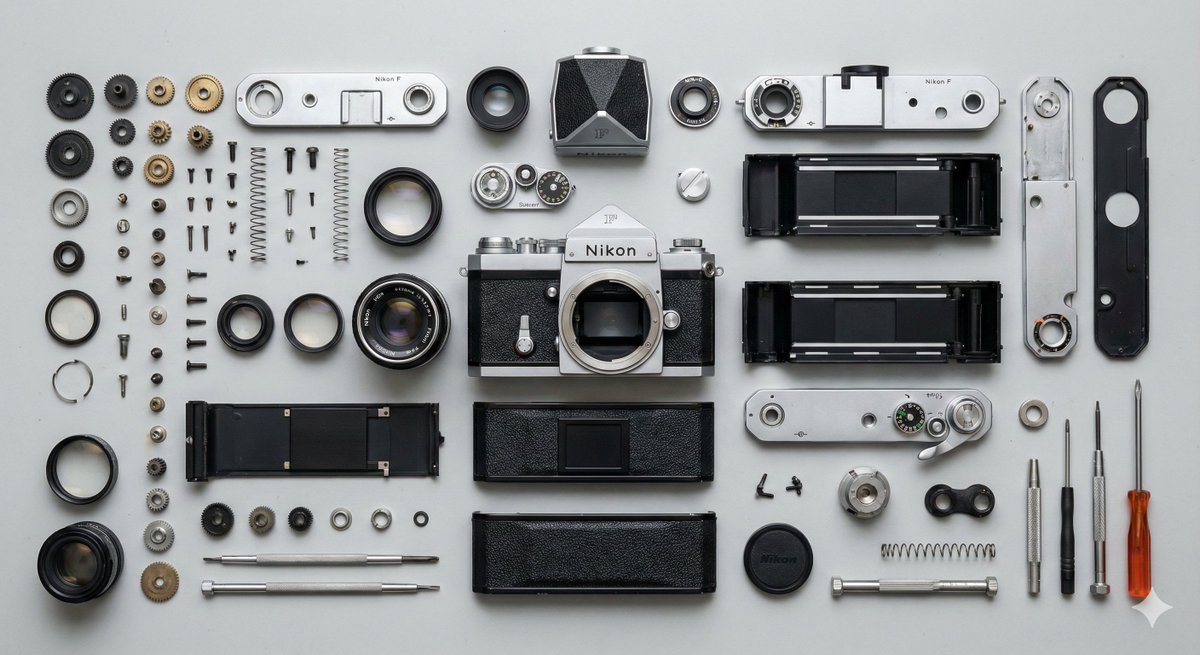 Knolling-style flat lay photography of a vintage film camera taken apart, with all components neatly arranged on a clean surface. Shot from a high, top-down angle with sharp focus and a technical aesthetic.