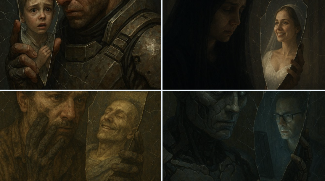 A surreal close-up portrait where a mirror shard reveals a completely different identity, while cracks spread through the air like invisible fractured glass and warp the surrounding space.