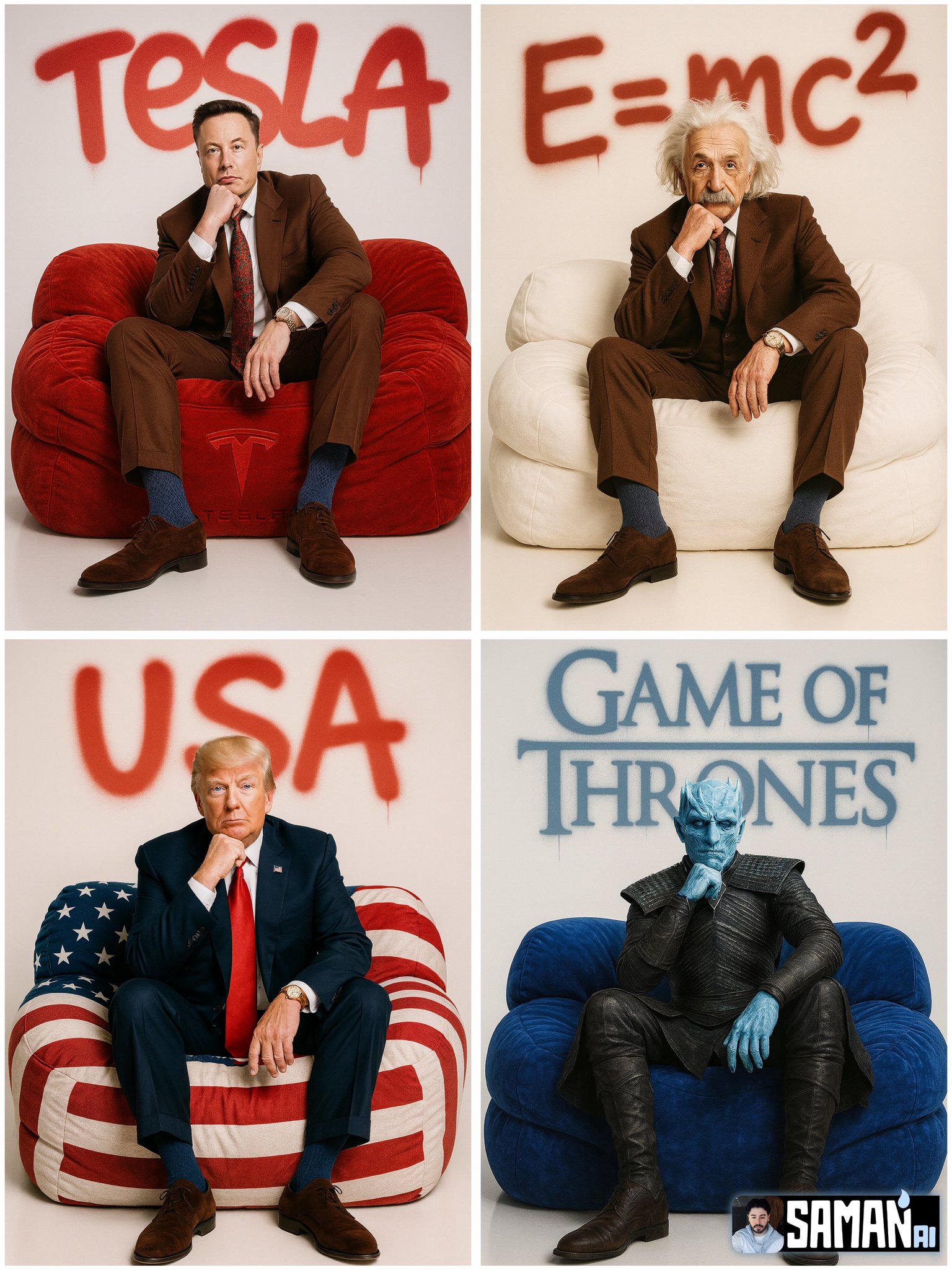 A hyper-real, fashion-editorial studio portrait featuring a character seated centered on an oversized puffy lounge sofa against a clean white seamless backdrop, with bold spray-paint graffiti text on the back wall.