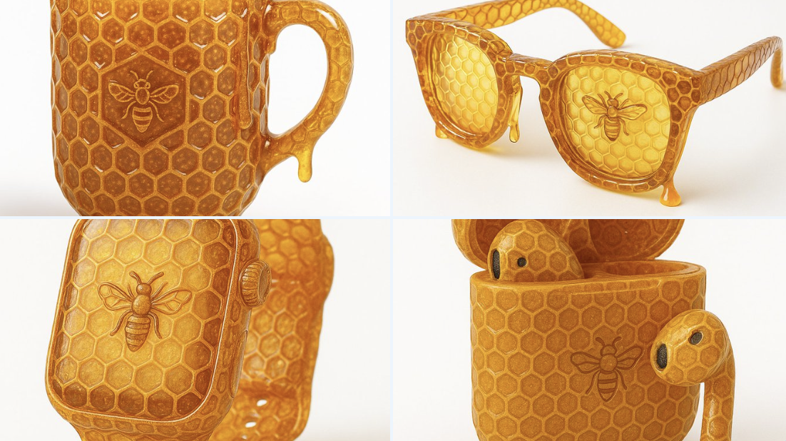 Transform {{OBJECT_NAME}} into a highly translucent, crystallized golden honey structure with see-through hexagonal honeycomb cells, soft internal glow, and realistic honey drips—presented as a floating square composition on a clean white/soft gradient background.