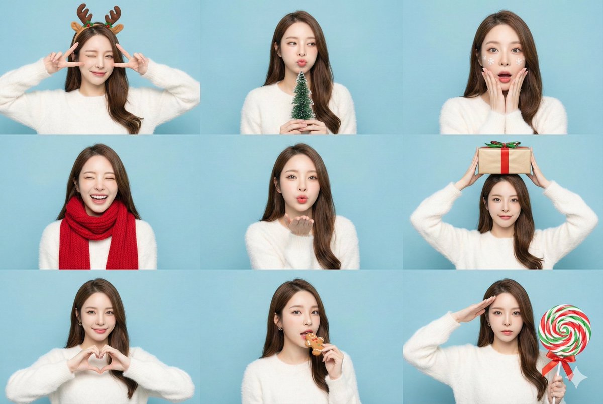 Create a bright, high-key 3x3 photobooth-style collage of the same character in nine festive Christmas poses with consistent facial features across every panel.