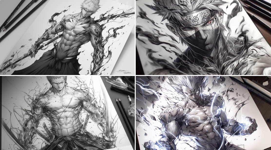 Create a high-contrast pencil and black-ink style drawing of a muscular character in a dynamic pose, with elemental effects surrounding him on white paper. Designed as a manga-inspired tattoo concept with strong shadows and dramatic light-and-shadow effects against a dark background.