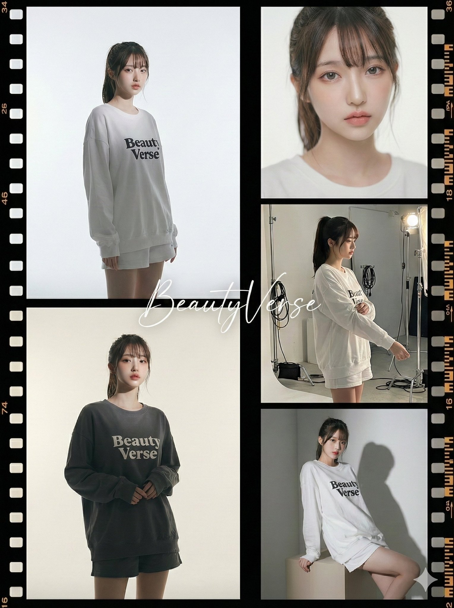 Create a high-end studio fashion editorial presented as an integrated 5-panel wide film strip with authentic outer rebate details and minimalist internal dividers. The subject must exactly match the provided reference image across all five frames, with a centered “BeautyVerse” cursive overlay.