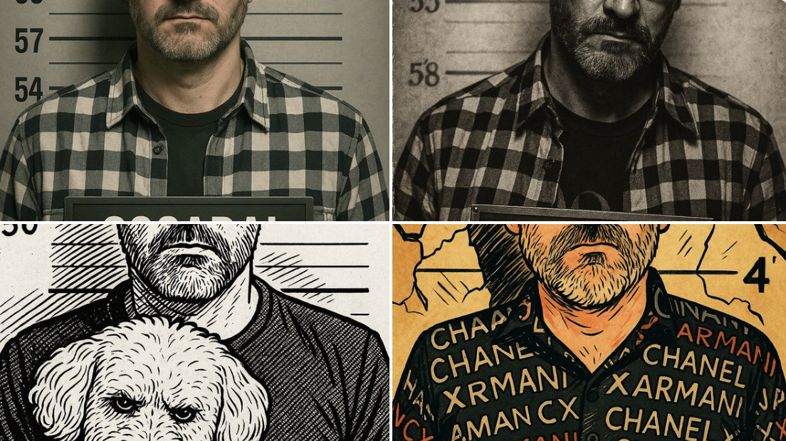 Turn a provided photo into a realistic police booking-style mugshot with a gray height-marked background, harsh frontal lighting, and an official-looking nameplate.