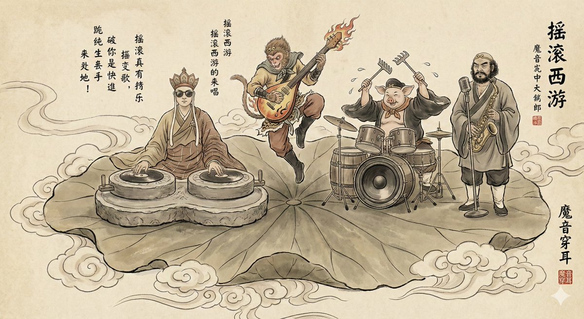 A traditional Chinese Gongbi-style ink painting of a humorous grand concert on a giant floating lotus leaf amid a sea of clouds, featuring Tang Sanzang, Sun Wukong, Zhu Bajie, and Sha Wujing as an eclectic rock band.