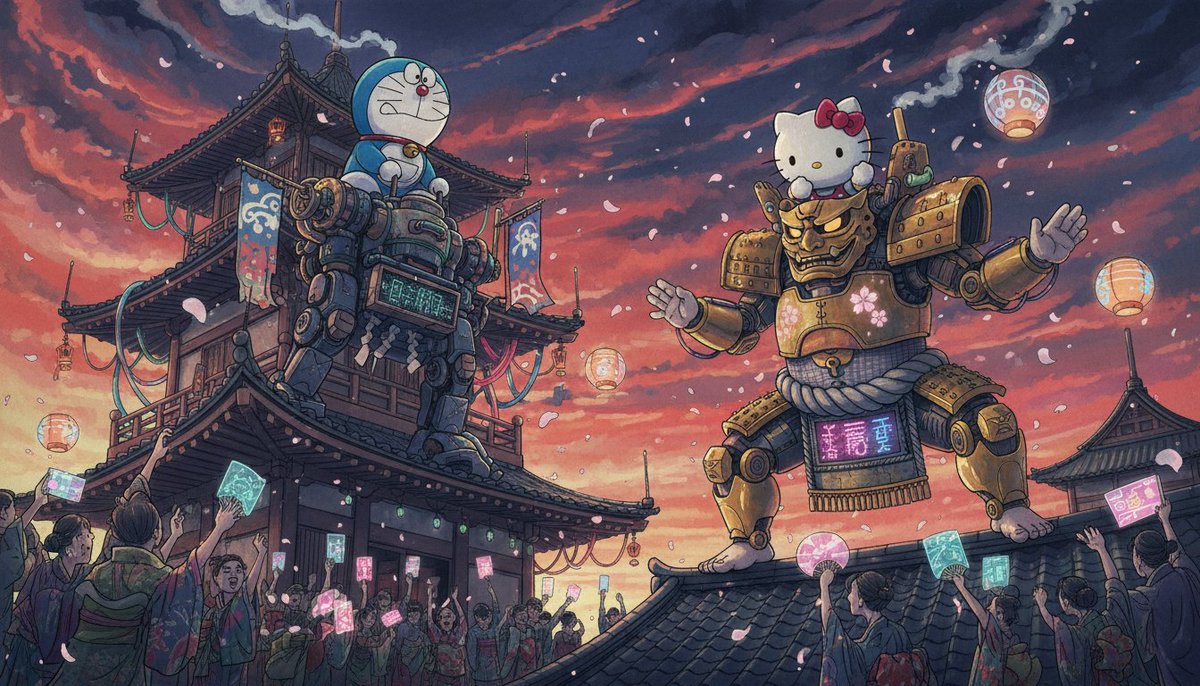 A highly detailed surreal Japanese sumi-e illustration blending Edo-period aesthetics with neon sci-fi mecha absurdity, featuring Doraemon and Hello Kitty facing off above a futuristic pagoda rooftop.