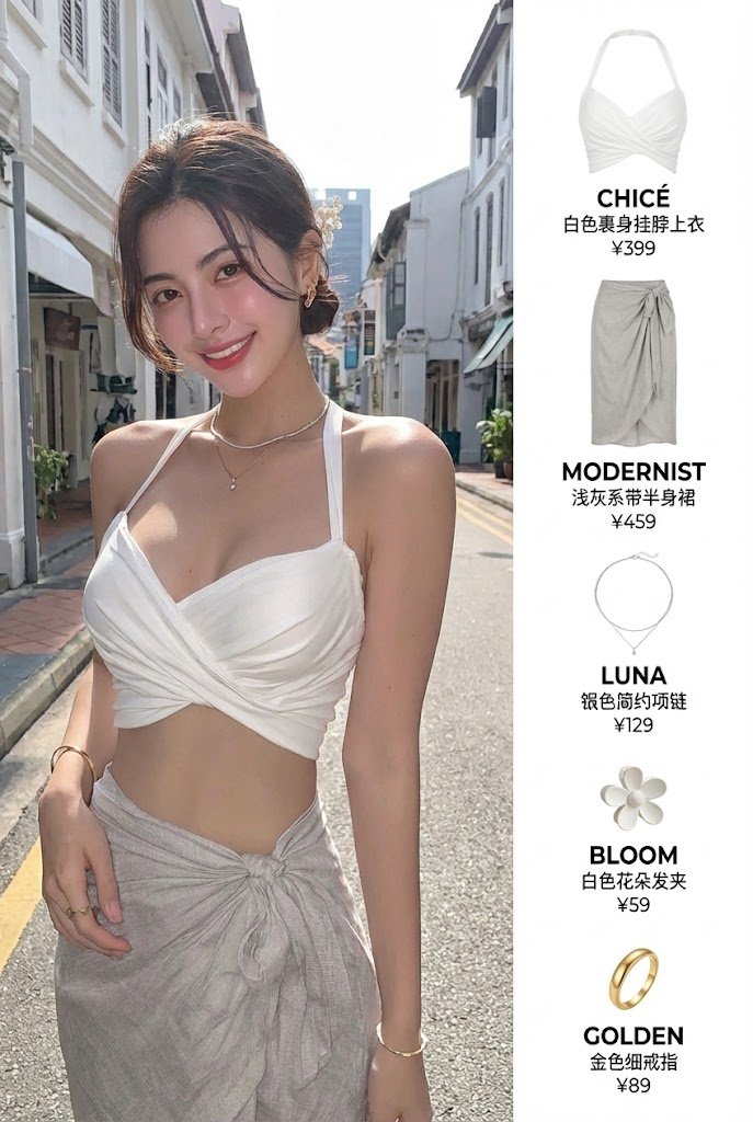 Create a fashion-blogger OOTD collage with a street-style female portrait on the left and a clean white-background product lineup on the right, including brand, Chinese item name, and RMB price for each piece.