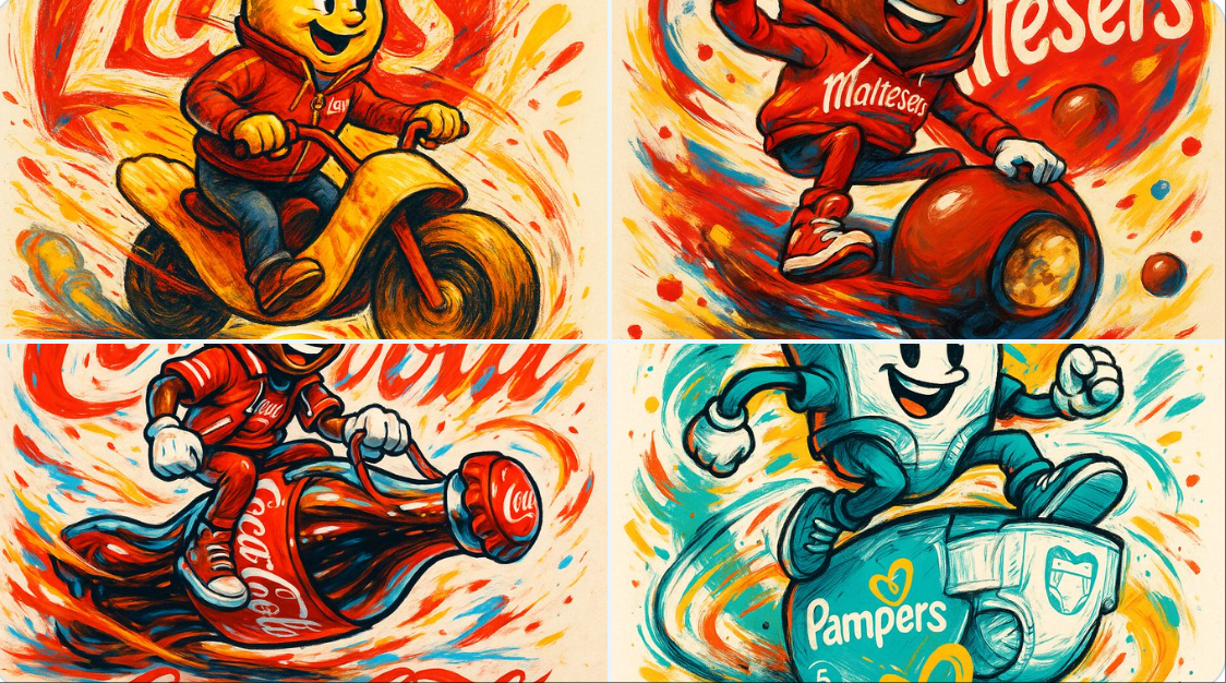 Create a vibrant, expressive brand-themed virtual character shaped like a {{BRAND_NAME}} product, dressed in the brand’s identity and riding an oversized product like a futuristic vehicle. The scene features dynamic motion, vivid colors, and an abstract oversized logo backdrop on a light background with the logo at the bottom.