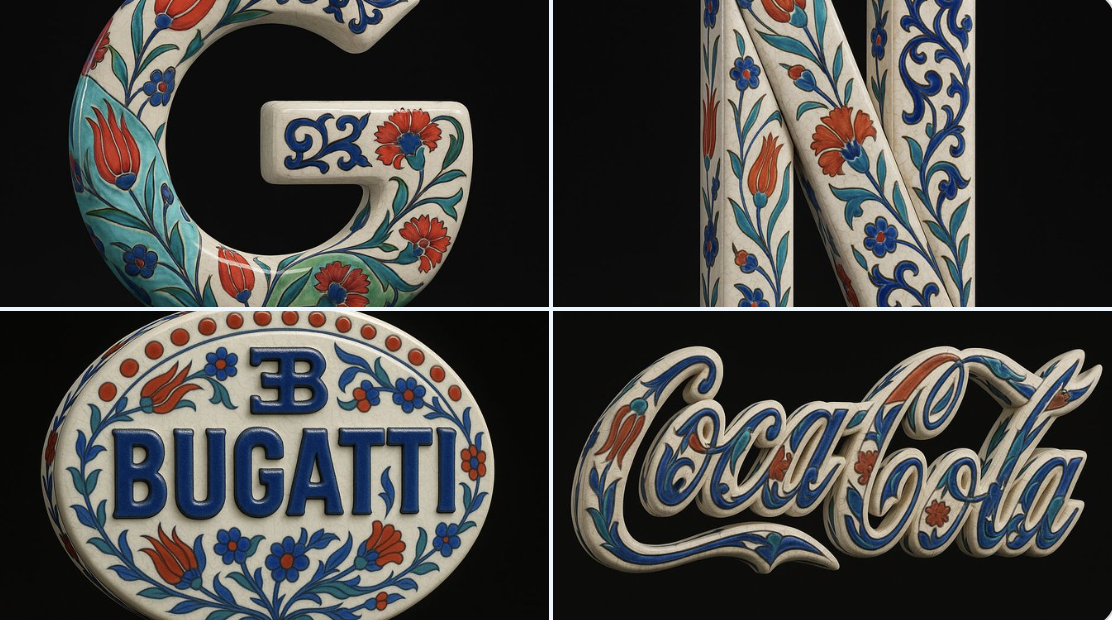 Transform an uploaded logo into a standalone hyper-realistic 3D porcelain sculpture with traditional Ottoman Iznik ceramic textures, vivid floral motifs, and Cinema 4D-style product lighting on a pure black background.