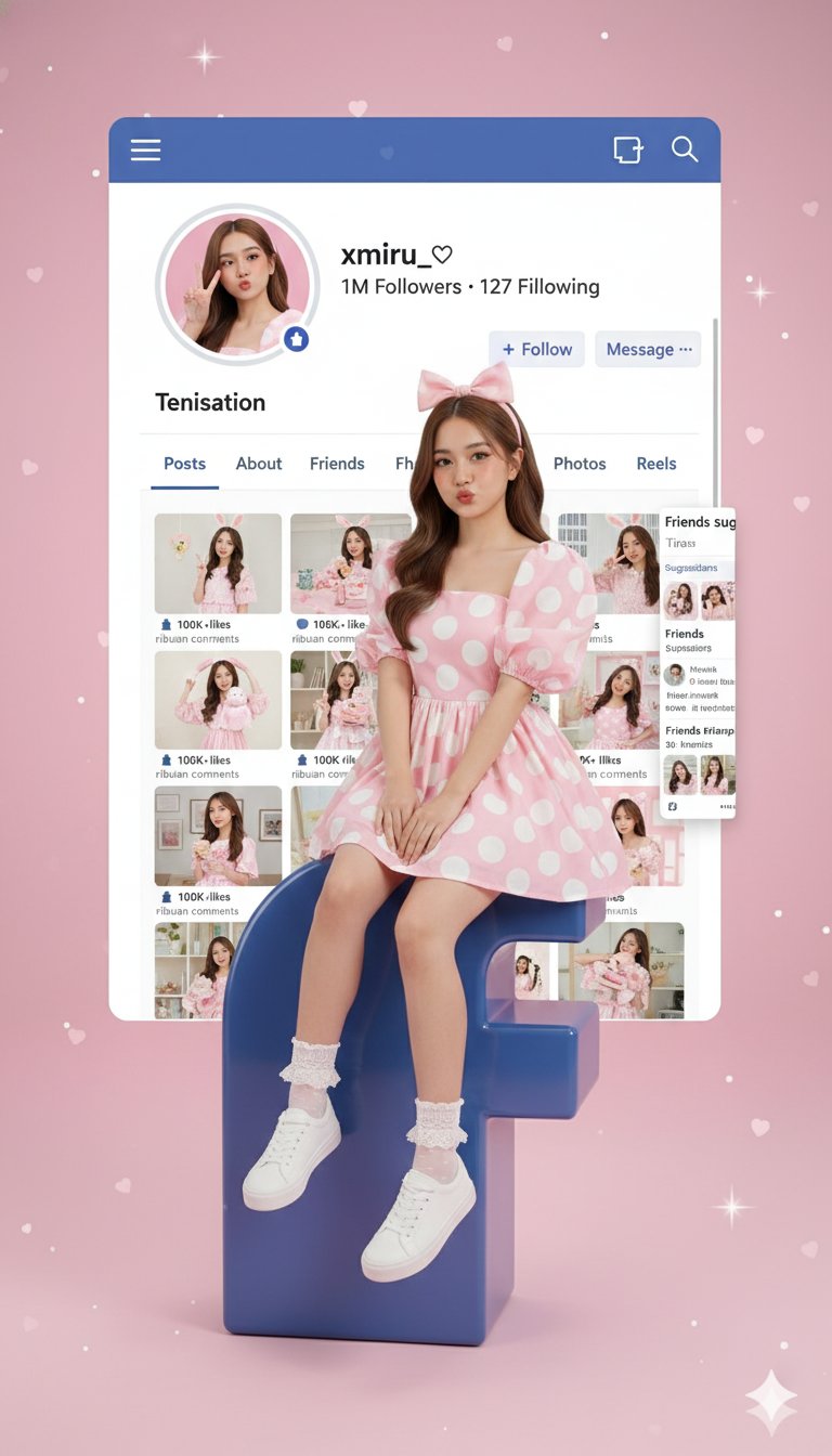 Create a vertical, ultra-photorealistic portrait of an adult Indonesian woman sitting playfully on a glossy 3D Facebook “f” logo, with a floating Facebook profile UI behind her in a cute pastel aesthetic. Includes detailed UI elements, thumbnails, and engagement stats with soft dreamy lighting and non-sexualized styling.