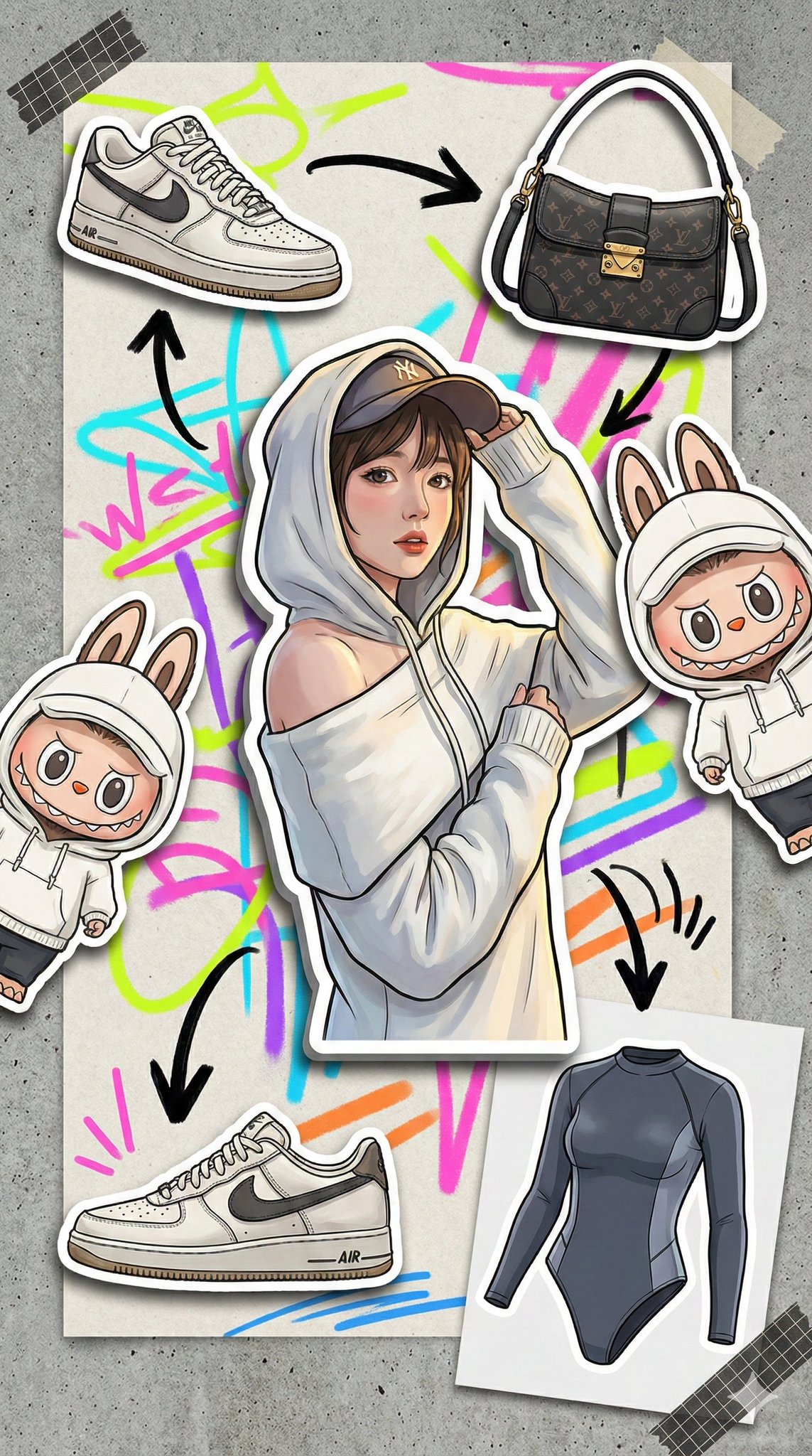 A full-screen 9:16 fashion moodboard illustration on matte concrete-textured paper, layered with neon marker doodles, abstract street spray lines, and 3D die-cut sticker elements. Includes streetwear character, sneaker and luxury bag accessories, a Labubu figure sticker, and a flat-lay hidden layer of a high-tech compression top with bold black marker arrows and digital tape accents.