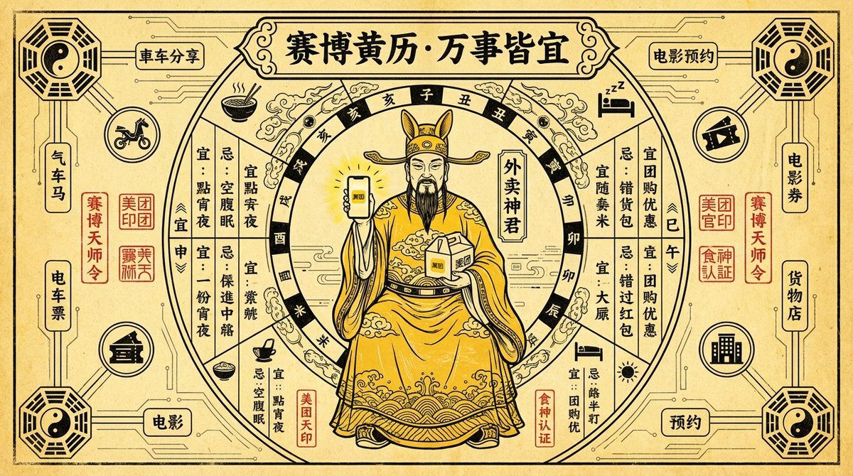 A super-dense, commercial poster design for Meituan blending ancient Chinese woodblock almanac talisman aesthetics with cyber Taoist everyday delivery culture. Features vertical right-to-left typography, a central "Delivery Deity," and intricate hour-by-hour auspicious/inauspicious text grids.