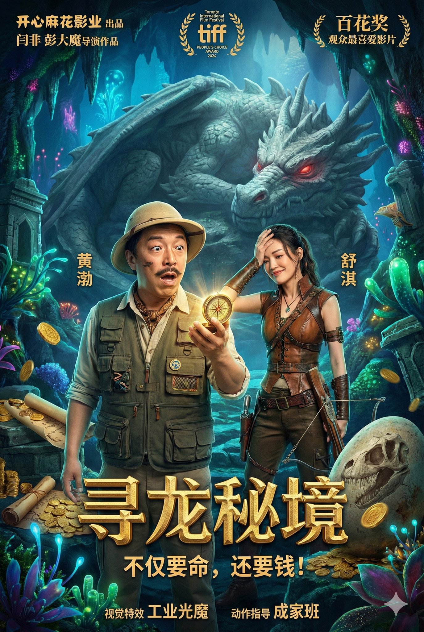 A vibrant fantasy adventure comedy poster set in an underground cave of glowing plants and ancient ruins, featuring exaggerated explorer characters, treasure, and a sleeping stone dragon with faint red eyes.