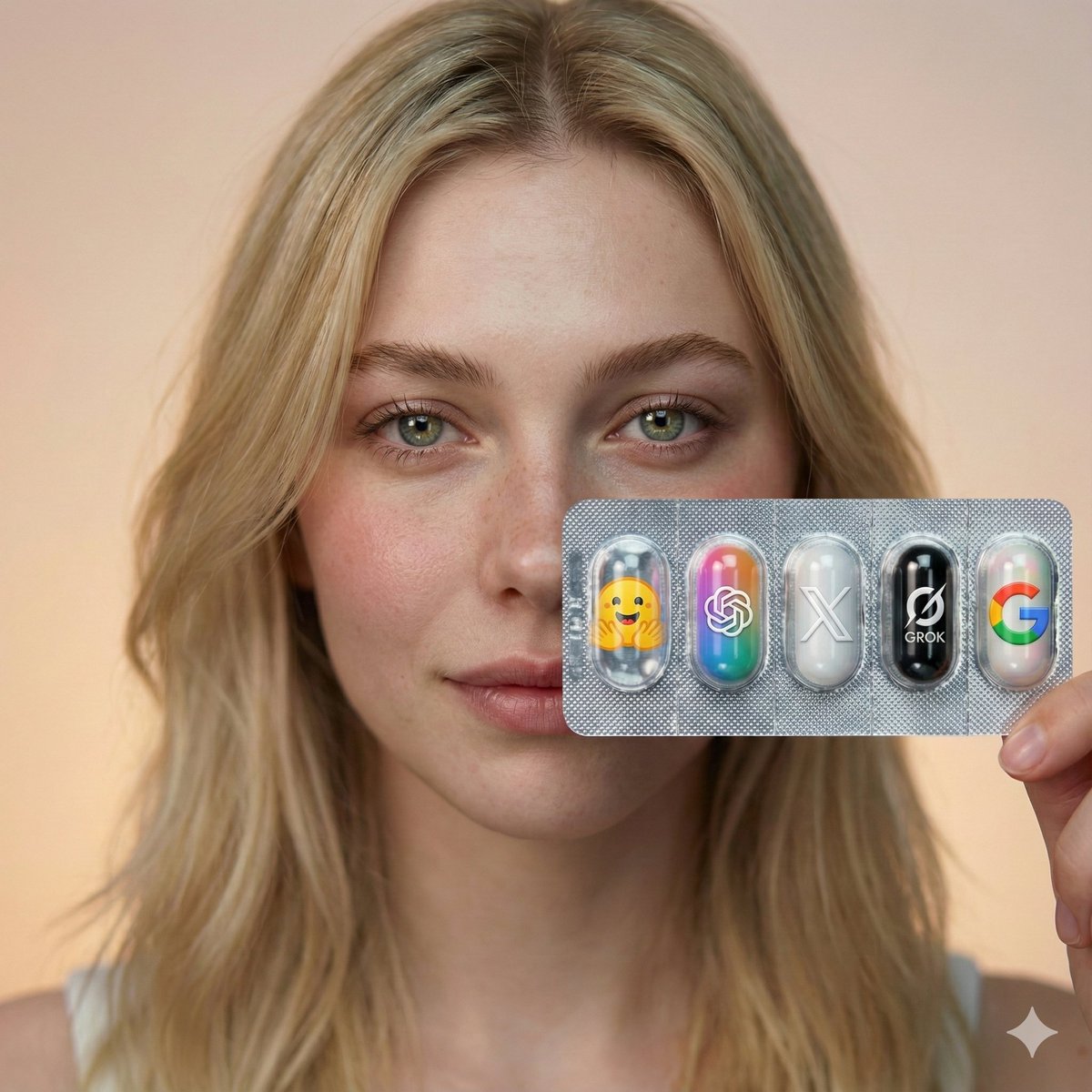 A hyper-photorealistic studio advertising portrait featuring a female model holding a glossy blister pack close to the camera, with colorful embossed brand icons in each cell. Shot with premium beauty lighting, shallow depth of field, and a filmic 2.39:1 cinematic grade.