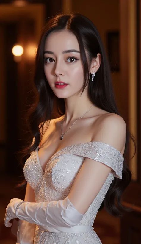 Create a portrait of a woman wearing a white off-the-shoulder lace wedding dress with gloves, necklace, and earrings, set in a dimly lit hallway with warm lighting.