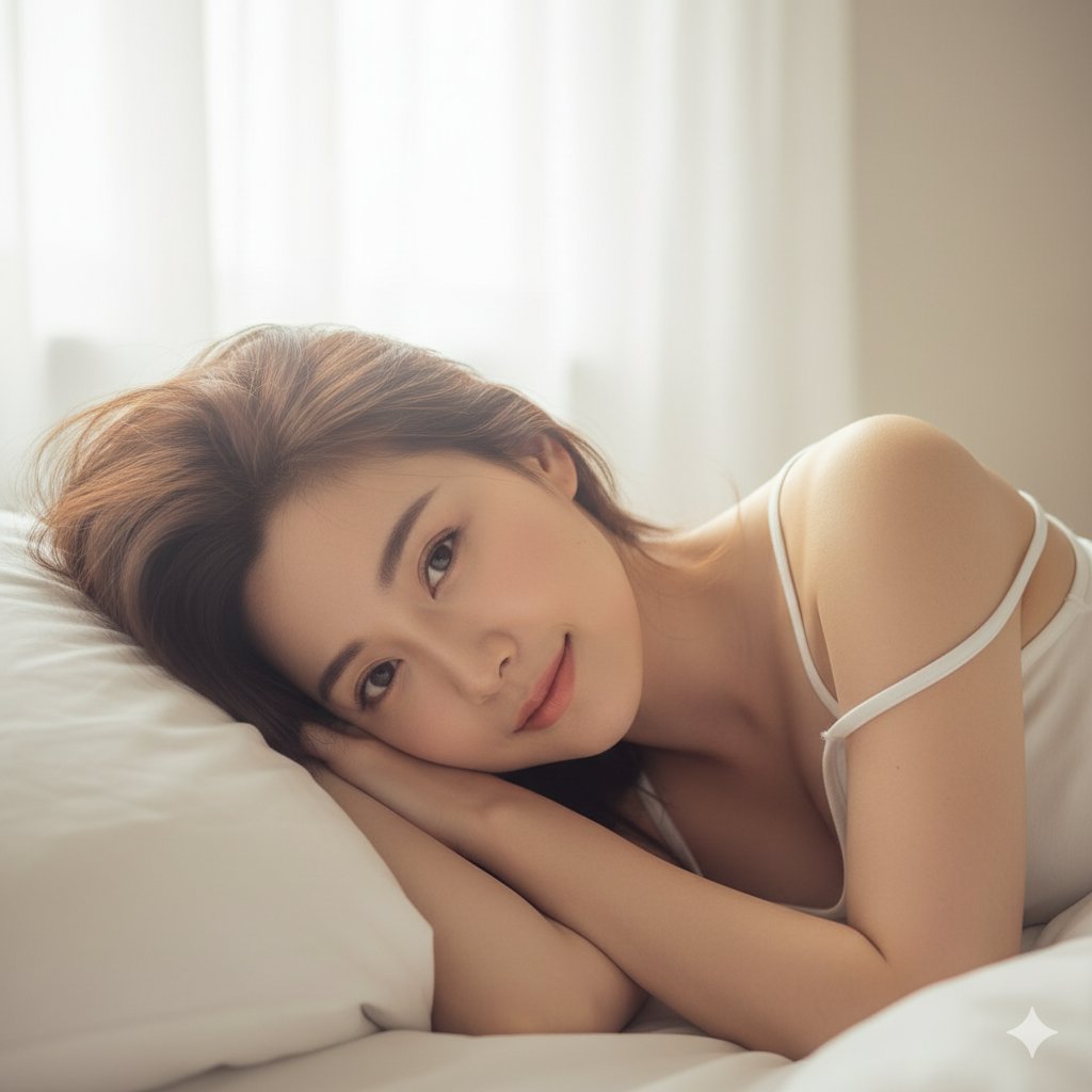 A photorealistic, high-key morning bedroom close-up of an East Asian adult woman in bed with messy just-woke-up hair, soft sleepy smile, and luminous skin tones against white pillows and rumpled sheets.