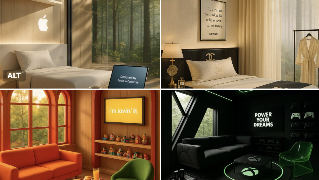 A cozy, imaginative luxury treehouse retreat scene styled in {{BRAND_NAME}}’s signature colors, featuring branded furniture, logo details, nostalgic displays, and signature treats in warm golden light.