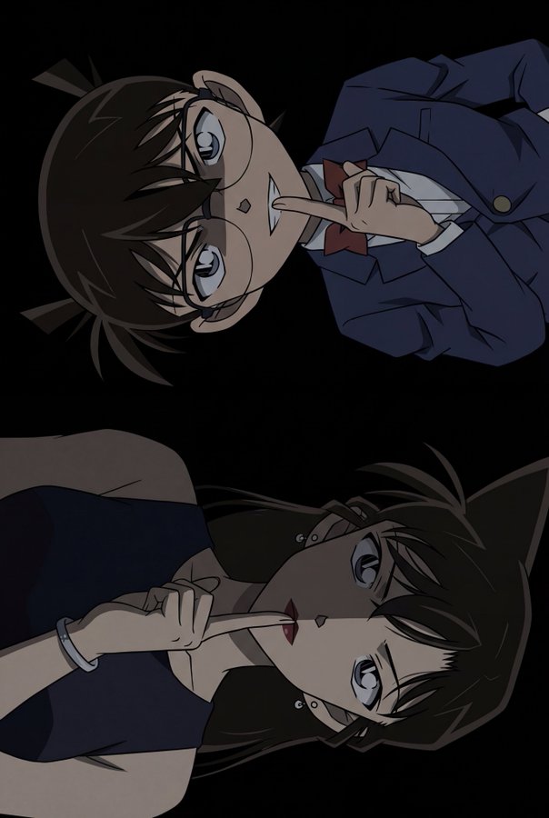 A unified vertical dual portrait of Kudo Shinichi and Mouri Ran lying horizontally in opposite directions against a pure black background, lit with extreme low-key chiaroscuro and deep shadows. Official anime screencap style with tight bust framing, shushing gestures, and a mysterious, cold atmosphere.