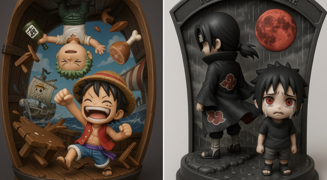 A highly detailed 3D-rendered chibi figurine diorama featuring two characters in a dynamic scene inside a themed display case. Includes embossed title text, vivid background effects, and a collectible, viral-friendly toy aesthetic.