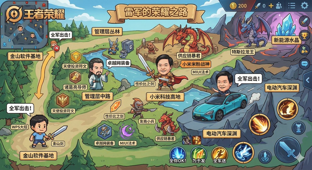 Create a fun career map image for Xiaomi founder Lei Jun using a 王者荣耀 (Honor of Kings) themed visual style.