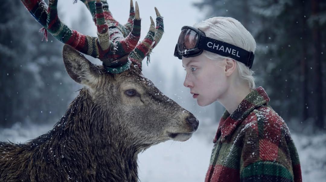 Create a hyper-realistic 8K surreal winter fantasy portrait of a pale, ethereal young woman standing face-to-face with a lifelike winter deer in a snowy pine forest, lit with cold cinematic tones and intimate, moody storytelling.