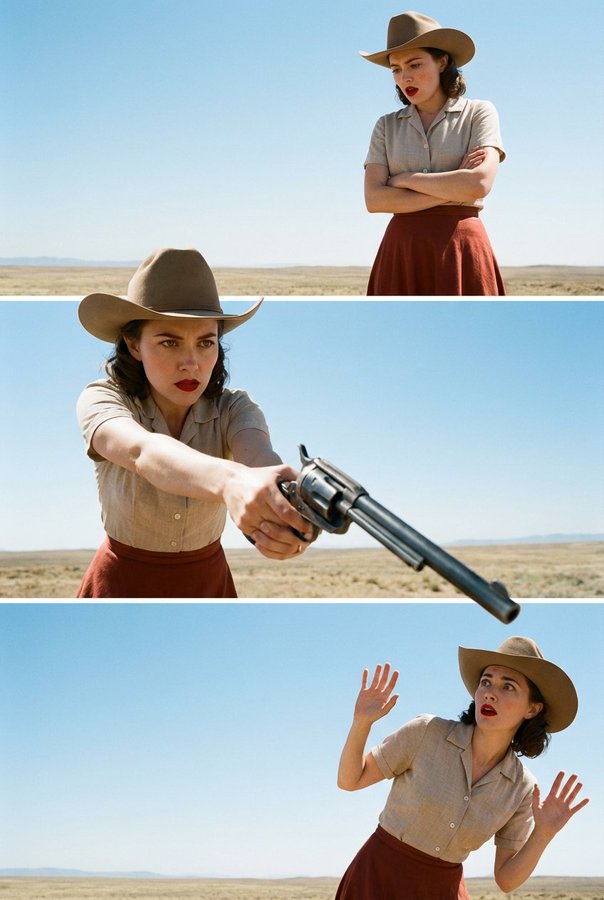 A cinematic, photorealistic vertical triptych collage showing a real woman across three consecutive moments in an open outdoor setting under hard natural daylight and a clear blue sky. Left–right offset positioning and intentional border-breaking overlaps create a layered narrative flow.