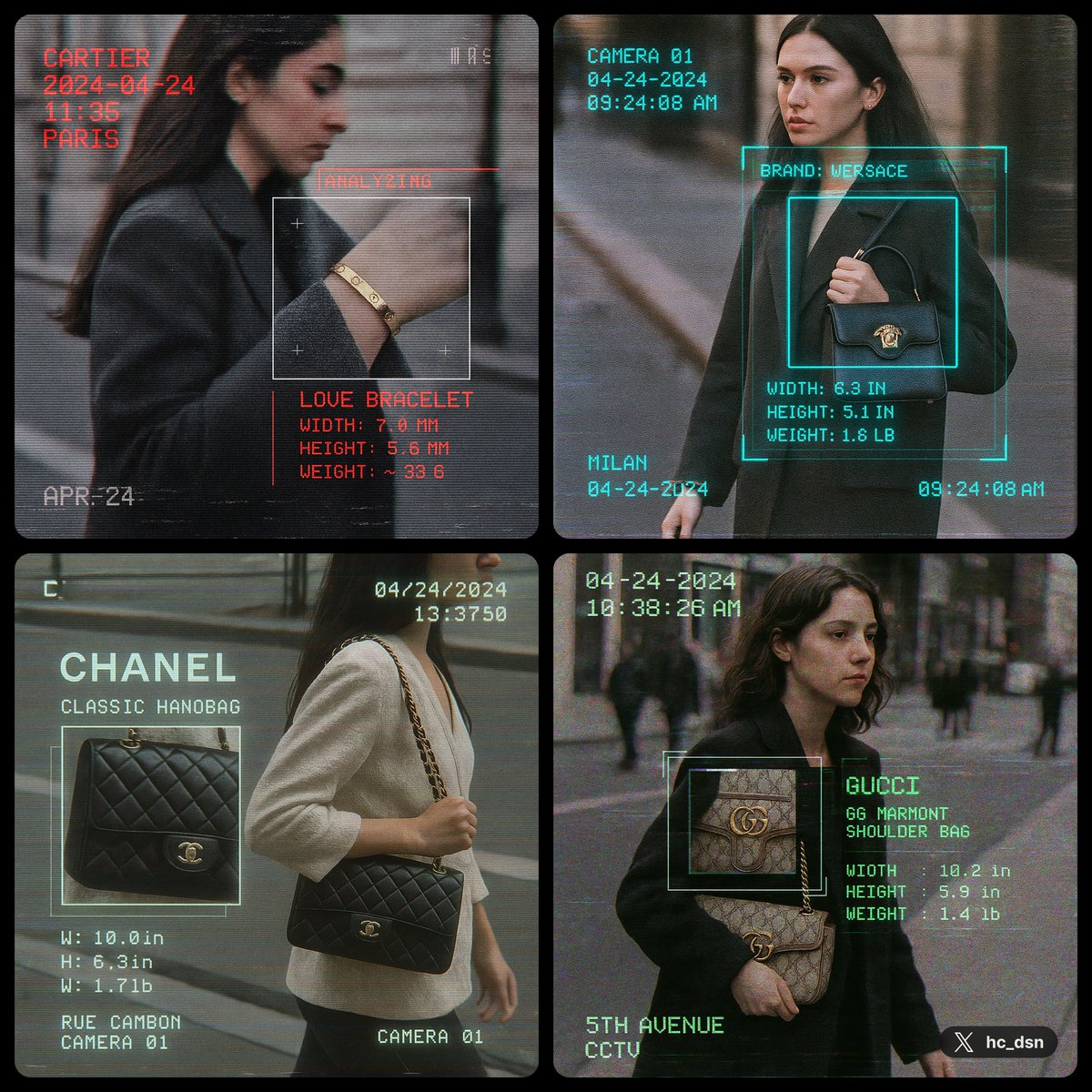 Generate a 1:1 CCTV-style close-up of a woman carrying a branded product on the street, with a square zoom window and a sci‑fi analysis UI overlay showing metadata. Includes VHS, glitch, and film grain effects with monospaced typography in the brand color.