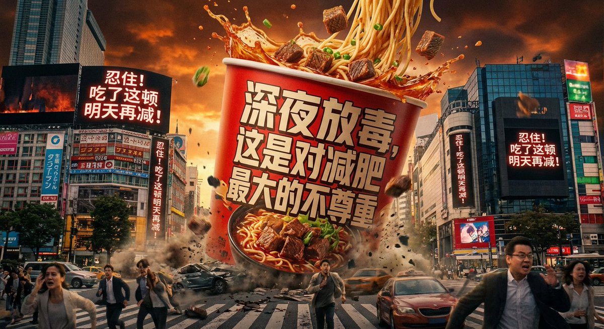 A Hollywood-style disaster tableau where an enormous braised beef noodle cup crashes into a busy city intersection and turns its branding into a bold dieting warning. Nearby LED billboards echo the late-night temptation message with a humorous “diet tomorrow” punchline.