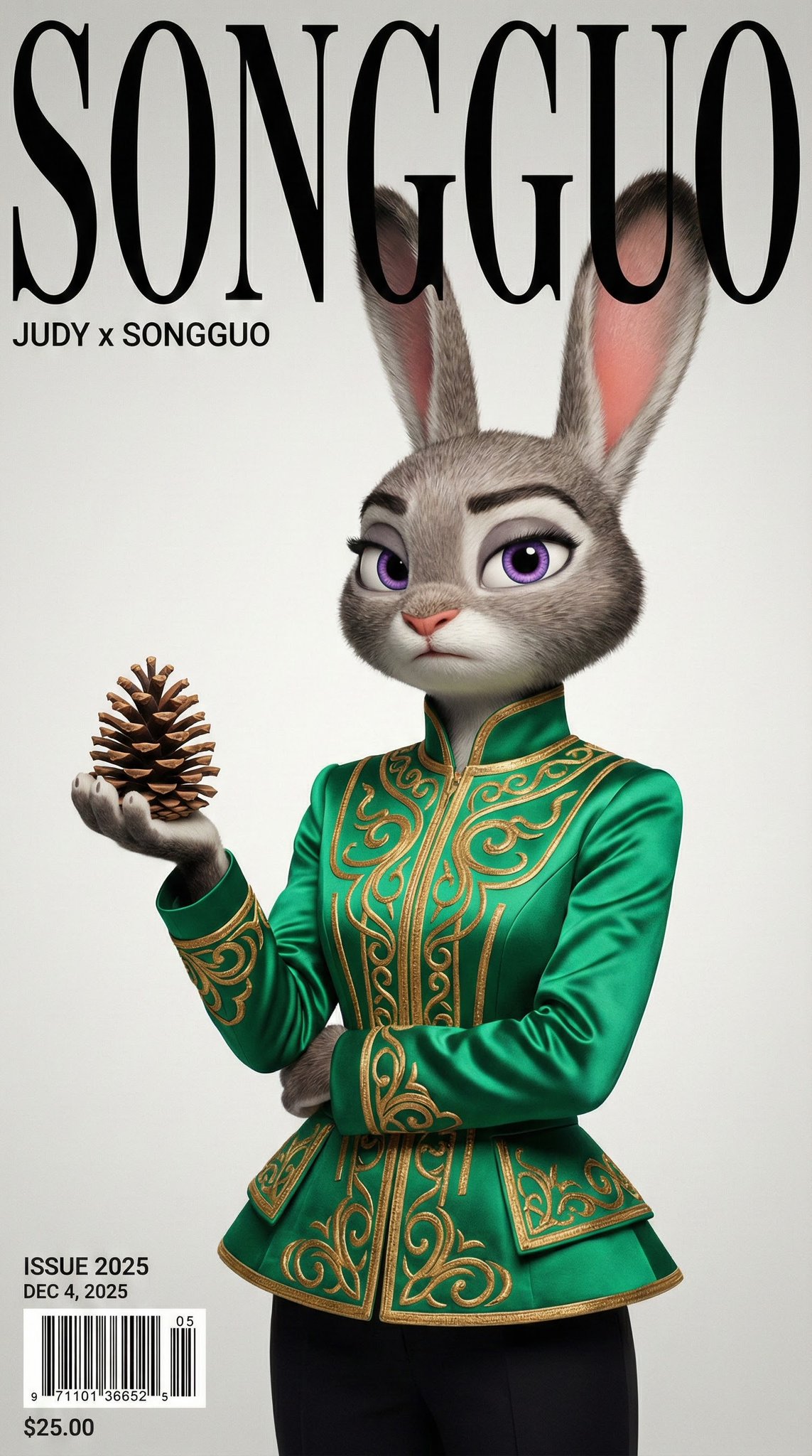 Create a clean, standalone high-gloss fashion magazine cover featuring an ultra-realistic high-fashion portrait of Judy Hopps holding a natural pinecone under cinematic studio lighting. Includes bold serif masthead “SONGGUO,” the subtitle “JUDY x SONGGUO,” and issue/date/barcode/price details on a neutral gradient backdrop.